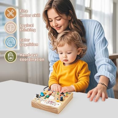 Joyreal Wooden Busy Board with LED Lights, Montessori Sensory Toys for Toddlers, Activity Fidget Board Travel Toys for Fine Motor Skills & Learning, Gifts for 1-3 Year Old Boys & Girls (Forest Theme) - Image 6