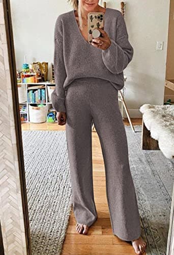Viottiset Women's 2 Piece Outfits Sweater Lounge Set V Neck Knit Top Wide Leg Pants Sweatsuit Purple Grey L - Image 3