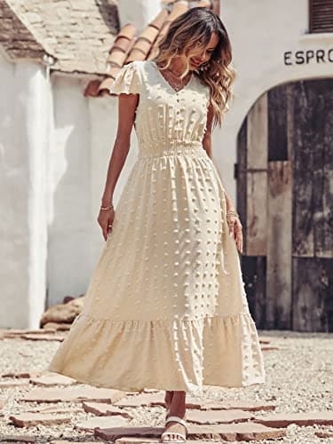 PRETTYGARDEN Womens Summer Dresses 2025 Casual Short Sleeve Swiss Dot Maxi Dress for Wedding Guest V Neck Flowy Long Dresses(Apricot, Medium) - Image 4