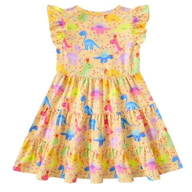 Kimoda Toddler Dinosaur Summer Dress for Girls 2t A-Line Tiered Swing Dresses Yellow Dress for Girl 3t - Image 2