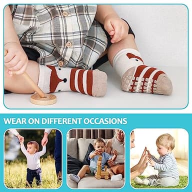 TRUEHAN 5 Pairs Toddler Non Slip Socks with Grips Baby Socks for Kids Girls Boys （5 Pairs Stripe Animal Combinations，6-12 months） - Image 6