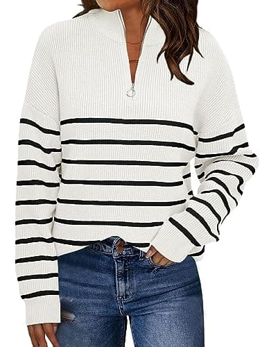 LILLUSORY Women's Quarter Zip Striped Oversized Sweater 2025 Mock Turtleneck Fall Fashion Outfit White-Black XL - Image 1