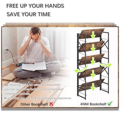 4NM 5 Tiers No Assembly Book Shelves, 51.2" H Folding Bookshelf Bookcase Open Industrial Foldable Shelves for Bedroom, Living Room, Home Office - Rustic Brown Black - Image 7