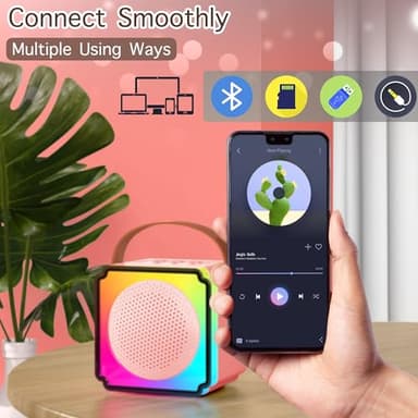 Mini Karaoke Machine with 2 Wireless Microphones, Adults Kids Toys, Gems Stickers, Portable Bluetooth Speaker, Christmas Birthday Gifts for Girls 4, 5, 6, 7, 8, 9 + Year Old (Pink) - Image 2