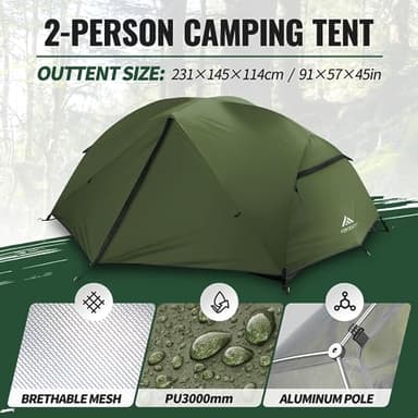 Forceatt Tent 2-3 Person Camping Tent, Waterproof and Windproof 3-4 Seasons Ultralight Backpack Tent, can be Installed Immediately, Suitable for Hiking, Camping, Outdoor (2-Person-Dark Green) - Image 2
