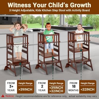 COSYLAND Toddler Standing Tower - Adjustable Height Toddler Kitchen Stool Helper - Kids Kitchen Step Stool for Learning with Removable Safety Railing Brown - Image 2
