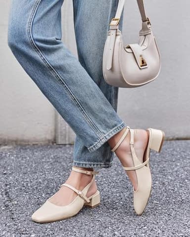 Coutgo Womens Mary Jane Chunky Low Heels Closed Square Toe Ankle Strap Pumps Wedding Party Dress Shoes, Beige, Size 6.5 - Image 7