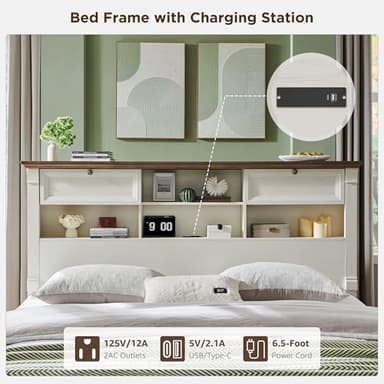 Farmhouse King Size Bed Frame with 54" Tall Storage Bookcase Headboard, Wood Platform Bed Frame with 2 Drawers & 18" Tall Roman Column Decoration Footboard, No Box Spring Needed(Antique White) - Image 6