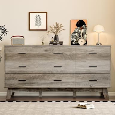 BORNOON Dresser for Bedroom with 9-Drawer, 59" Wide Modern Chest of Drawers with Metal Handles, X-Shape Base & Adjustable Center Leg, Anti-Tip Closet Organizers and Storage - Image 3
