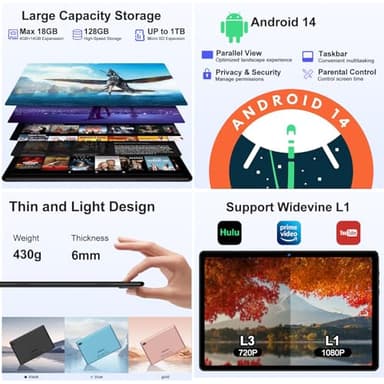DMOAO 2025 Tablet Android 14 Tablets with 128GB ROM+18GB RAM, 1TB Expand, Powerful Octa-Core, WiFi 6, BT5.0, 6000mAh, Widevine L1, Black - Image 5