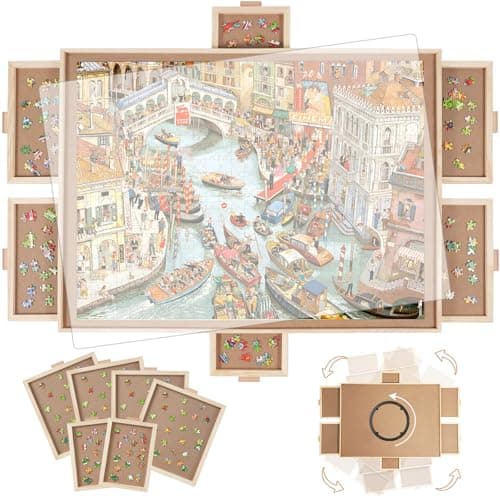 BuilderButler 1500 Pieces Rotating Puzzle Board with 6 Drawers,34.25"x25.2" Portable Wooden Jigsaw Puzzle Table with Lazy Susan Spinning Cover - Image 1