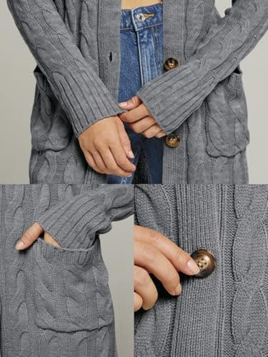 MEROKEETY Women's 2025 Long Sleeve Cardigan Sweater Fall Winter Cable Knit Open Front Button Long Outerwear, Charcoal, L - Image 4