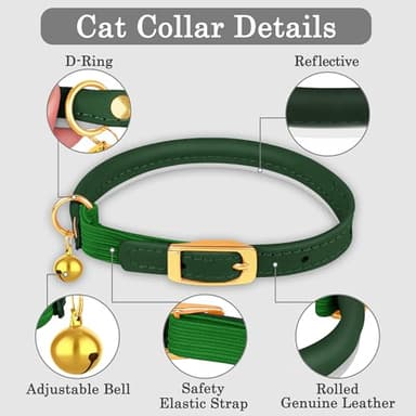 OOPSDOGGY Rolled Leather Cat Collar with Bell - Reflective Kitten Collar with Safety Elastic Strap - Adjustable Small Pet Collars for Boy Girl Cats (Green) - Image 4