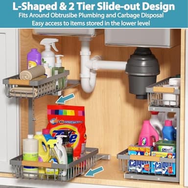 Liuoud Under Sink Organizer Storage 2 Pack, 2 Tier Slide Out Height Adjustable Pull Out Cabinet Organizer Drawer for Kitchen Bathroom Large Under Sink Shelf Rack Caddy for Pantry, Grey - Image 8