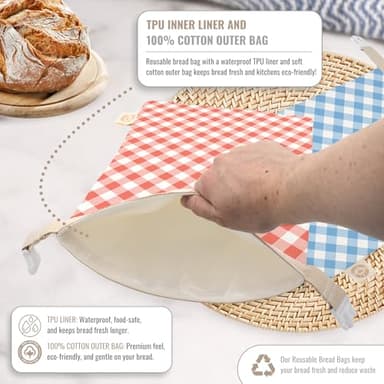 Cozy Bread® Reusable Bread Bag Set for Home Bakers | USA Brand | Charming Designs (Gingham) - Image 2