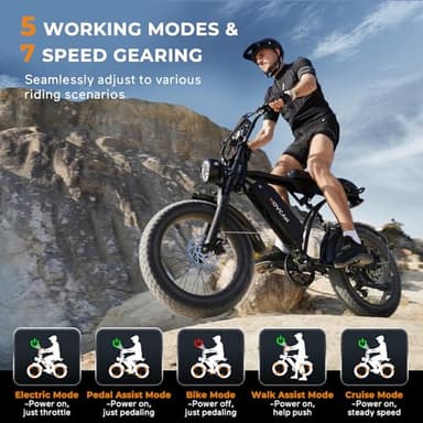 Movcan V60 Electric Bike for Adults, 1000W Motor 30MPH Top Speed 20” Fat Tire Electric Bike, 48V 15.6Ah Removable Battery Ebike, 7-Speed Full Suspension Electric Dirt Bike, Black - Image 6