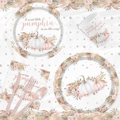 MEHOFOND Boho Fall Pumpkin Baby Shower Decorations Bohemia Floral Little Pumpkin Party Supplies Disposable Tableware Set 194 Pcs Plates Napkins Banners Plastic Tablecloth for Baby Shower Kids Party - Image 3