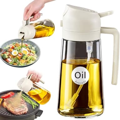 YARRAMATE 16oz/470ml Glass Olive Oil Sprayer for Cooking with Stickers, 2 in 1 Oil Dispenser for Kitchen Gadgets, Food Grade Premium Spray Bottle for Salad, Frying, BBQ (Creamy White) - Image 1