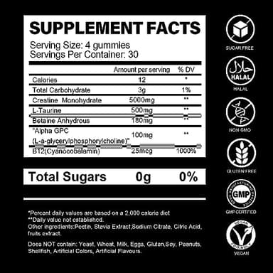 vidabotan Sugar Free Creatine Monohydrate Gummies for Men & Women-5g of Creatine Monohydrate per Serving- with L-Taurine, Alpha GPC, Betaine Anhydrous, Natural Blueberry Flavor, 120 Count - Image 3