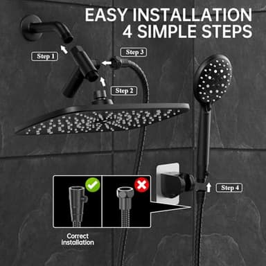 Veken 11.8 Inch Rain Shower Head with Handheld- High Pressure Dual Shower Heads with 5 Modes Handheld Spray Combo- Wide Rainfall Showerhead with Hose, Bathroom Accessories, Matte Black - Image 6
