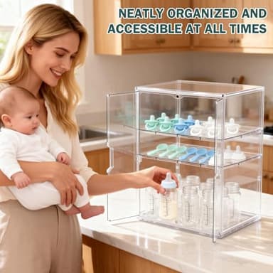Baby Bottle Organizer, 3-Tier Bottle Storage for Countertop with Double Magnetic Doors, Clear Plastic Bottle Station Organizer with 2 Adjustable Dividers for Kitchen, Bathroom, Cabinet, Vanity - Image 5