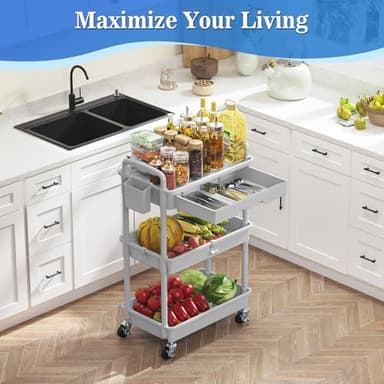 SUNALLY 3 Tier Rolling Cart with Drawer, Bathroom Storage Organizer with 2 Lockable Wheels, Multifunctional Rolling Storage Cart for Bathroom, Kitchen, Office, Craft, Makeup, Baby Essentials, Gray - Image 5