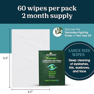 NOVEHA Demodex Eyelid & Lash Wipes | Box Of 60 Individually Wrapped Extra Strength Cleansing Eyelash Wipes - Battle Itchy & Irritated Eyes associated with Demodex Mites, Naturally Remove debris - Image 6