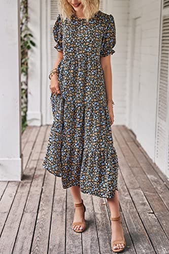 PRETTYGARDEN Summer Dresses for Women 2025 Casual Floral Boho Midi Sun Dress Puff Short Sleeve Flowy Beach Vacation Sundress (Navy Floral,X-Large) - Image 2