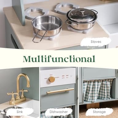 ROBUD Play Kitchen Set, Wooden Play Kitchen with Ice Maker, Fridge, Coffee Machine, Oven, Dishwasher, Microwave, Kitchen Accessories, Toy Kitchen Gift for Boys Girls, 3+ - Image 6