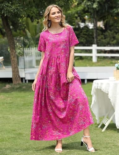 YESNO Women Casual Loose Bohemian Floral Dress with Pockets Short Sleeve Long Maxi Summer Beach Swing Dress 2XL EJF CR26 Pink - Image 3