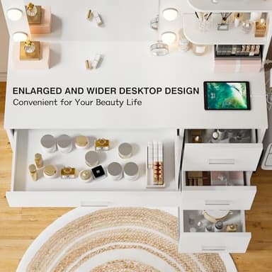YESHOMY Vanity Desk with Mirror, 10 Lights, Power Outlet and 3 Storage Shelves, Makeup Table with 4 Drawers, 3 Color Modes, for Bedroom, White - Image 3