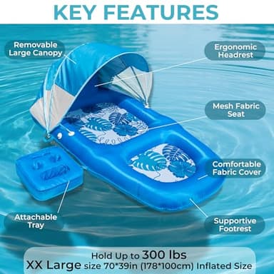 Fabric Covered Inflatable Pool Lounger Float Adult, 70"x39" Extra Large Pool Float w/ UPF50+ Sunshade Canopy & Cupholder Caddy, Water Floaties Raft Recliner Chair for Pool Party Lake Beach-Blue - Image 2