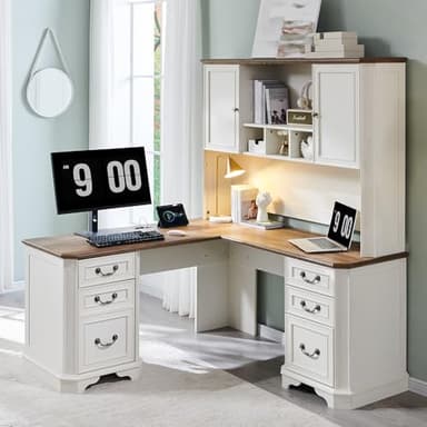 T4TREAM 59" L Shaped Desk with Hutch,Victorian Wood Computer Desk, Featuring Charging Station,File Drawer, Storage Cabinet,for Home Office Work and Study (Antique White) - Image 7