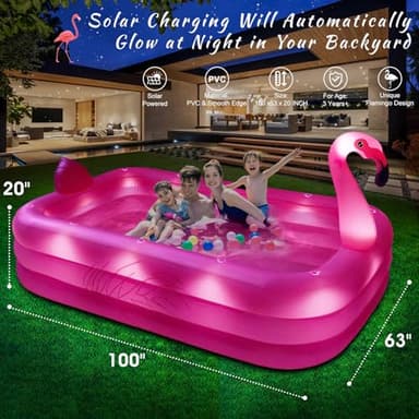 Inflatable Pool with Lights, Solar Flamingo Swimming Pool for Kids,Adults Inflatable Blow up Pool, Large Kiddie Pool,Durable Thickened Kids Pool for Backyard,Outdoor,100"X63"X20"-Bright Pink - Image 2
