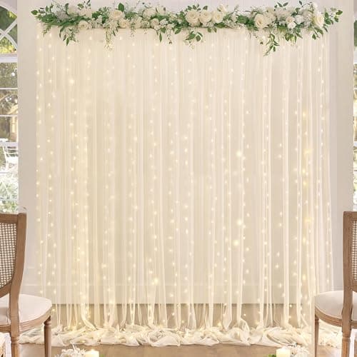 Champagne Tulle Backdrop Curtain with Lights String for Parites Wedding 10x8ft Champagne Sheer Backdrop Curtains for Bridal Shower Baby Shower Birthday Party Photo Booth Background Decorations - Image 1