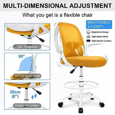 Primy Drafting Chair Tall Office Chair with Flip-up Armrests Executive Ergonomic Computer Standing Desk Chair with Lumbar Support and Adjustable Footrest Ring（Mustard） - Image 5