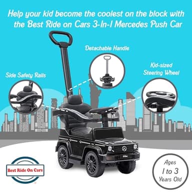 Best Ride On Cars 3 In 1 Mercedes G-Wagon Push Car for Toddlers 1 to 3 Years Old, Kids Outdoor Stroller with Music, Horn Sounds, and Handle, Realistic Driving Experience, Black - Image 2