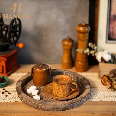 Hanobe Rustic Wooden Serving Tray: Round Wood Butler Decorative Tray Vintage Centerpiece Candle Holder Trays Farmhouse Ottoman Tray for Decor Countertop Home Decor Accessories for Coffee Table - Image 4