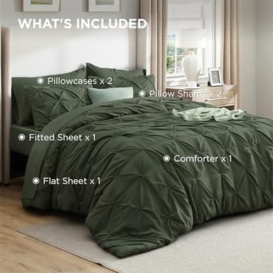 Bedsure Queen Comforter Set Olive Green - Bed in a Bag Queen Size 7 Pieces, GentleSoft™ Pintuck Bed Set Gift for Family, Pinch Pleat Olive Green Comforter with Sheets, Pillowcases & Shams - Image 9