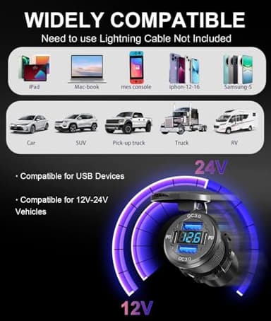 78W Quad-Port 12V USB Outlet - Dual QC3.0 & PD3.0 Quick Charge Car Charger Socket with Voltmeter, Aluminum Alloy Waterproof USB C Port for Car Boat Marine Motorcycle RV Truck ATV Golf Cart - Image 6
