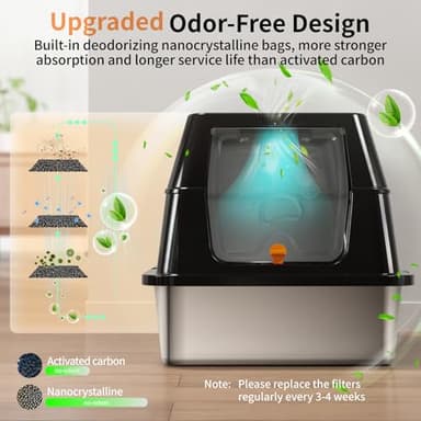 Eosarcu Stainless Steel Cat Litter Box with Lid, 180° Flip-Top XL Extra Large Enclosed Litter Box, Covered Metal High Sided Litter Pan with Steps & Scoop, Easy Cleaning, Odor Control,Non-Sticky-Black - Image 3