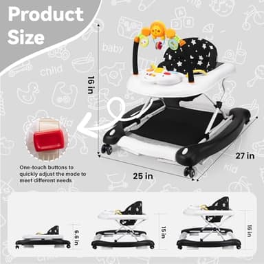 RefoereBabe Baby Walker, 5 in 1 Baby Walkers for Boys Girls 6-12 Months, Foldable Walkers for Babies with Bouncer & Feeding Tray, Music, Adjustable Heights, Activity Walker for Infant - Image 8