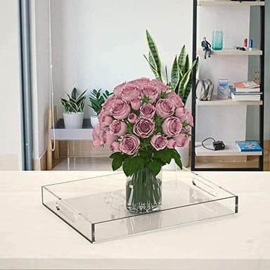 NIUBEE Acrylic Serving Tray 16x20 Inches -Spill Proof- Clear Decorative Tray Organiser for Ottoman Coffee Table Countertop with Handles - Image 6