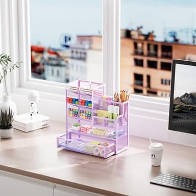Marbrasse Mesh Pen Holder for Desk, Multi-Functional Pencil Organizer with Drawer, Desk Organizers and Accessories for Office Art Supplies (Purple) - Image 5