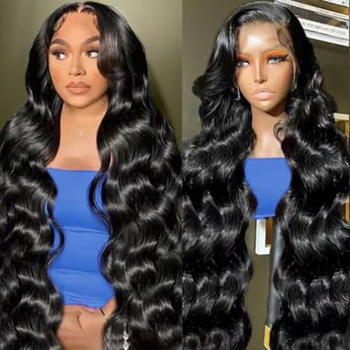 Asidow 30 Inch Body Wave Lace Front Wig - Human Hair Pre Plucked Glueless Brazilian Virgin 200% Density Lace Front Wig - Baby Hair HD Frontal - Natural Black - Image 1