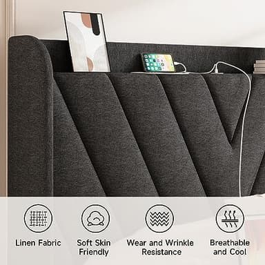koorlian Queen Bed Frame with Headboard, Adjustable Upholstered Platform Bed Frame with Type-C&USB Ports, Wingback Storage Headboard, Solid Wood Slats Support, No Box Spring Needed, Dark Gray - Image 4