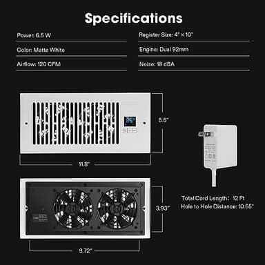 VIVOSUN Quiet Register Booster Fan 4”×10”, Smart Register Vent with Intelligent Thermostat Control, Cooling Heating AC Vent Booster Fan, Matte White - Image 7