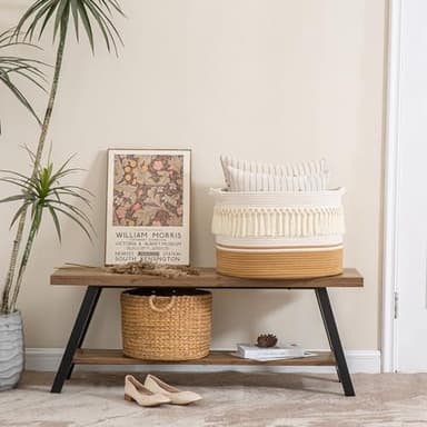 KAKAMAY Large Blanket Basket (20"x13"),Woven Baskets for storage Baby Laundry Hamper, Cotton Rope Blanket Basket for Living Room, Laundry, Nursery, Pillows, Baby Toy chest (White Fringe) - Image 6