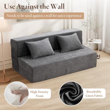 HOMFINE Folding Sofa Bed - Convertible Sleeper Chair with Pillow, Fold Out Couch, Memory Foam Floor Mattress, Futon Couch, Lazy Sofa for Living Room/Dorm/Guest Room/Home Office, Queen, Grey - Image 6