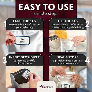 100 Pack Mylar Bags with Oxygen Absorbers - 11 MIL Thick 3 Sizes - 25x1 Gallon 35x1 Quart 40x1/2 Pint - Resealable Bags with 100 Oxygen Absorbers for Food Storage & 112 Labels, Sealable Smell Proof - Image 7